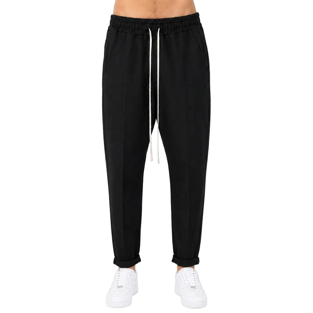 Pantaloni lungi slim negri pentru bărbați, model casual cu șnur, vedere din față