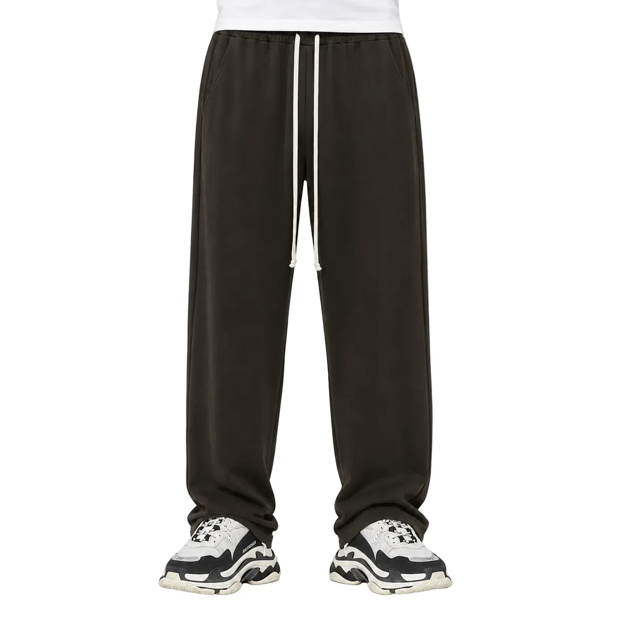 Pantaloni lungi wide leg maro pentru bărbați, purtați din față cu șnur alb