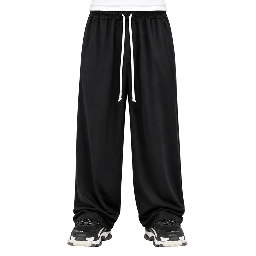 Pantaloni lungi wide leg negri pentru bărbați, purtați din față cu șnur alb