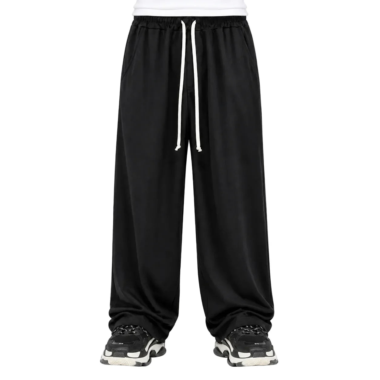 Pantaloni lungi wide leg negri pentru bărbați, purtați din față cu șnur alb