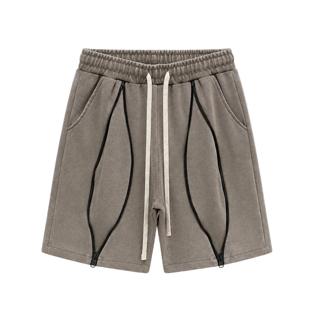 Pantaloni maro cu șnur lung și fermoare pe mijloc, design urban modern.