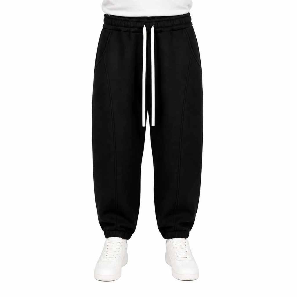 Pantaloni bărbați negri balloon fit cu șnur textil fără terminații din plastic