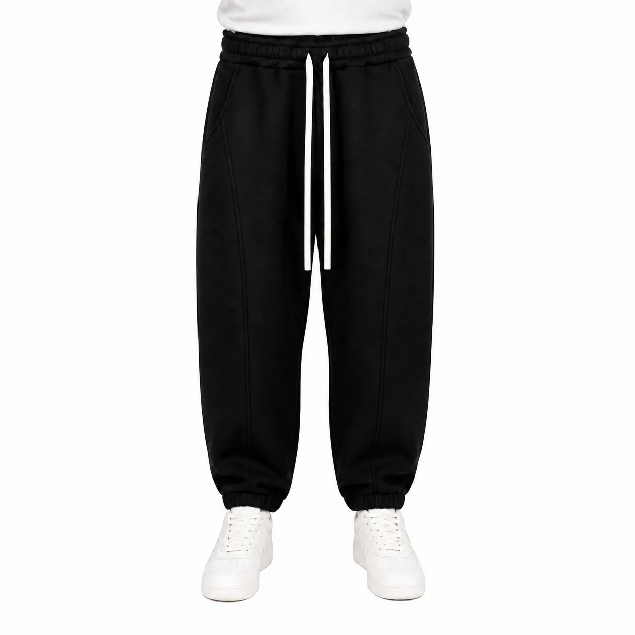 Pantaloni bărbați negri balloon fit cu șnur textil fără terminații din plastic