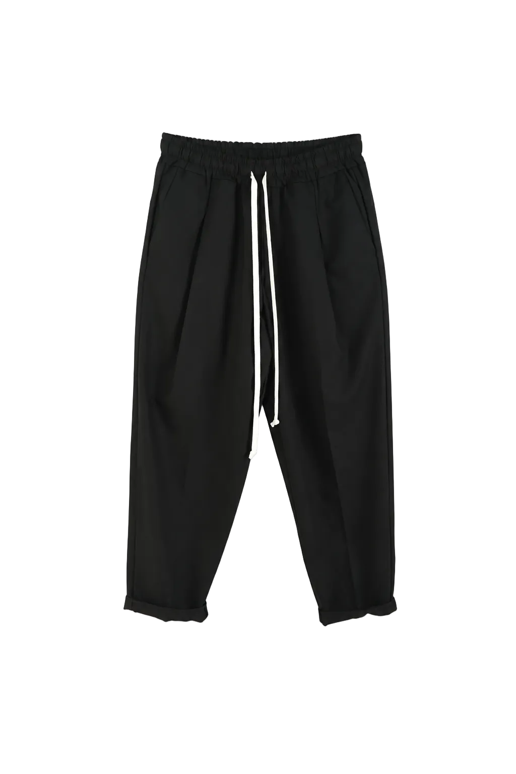 Pantaloni negri slim cu șiret lung și talie elastică, perfecți pentru outfituri casual moderne și confortabile.