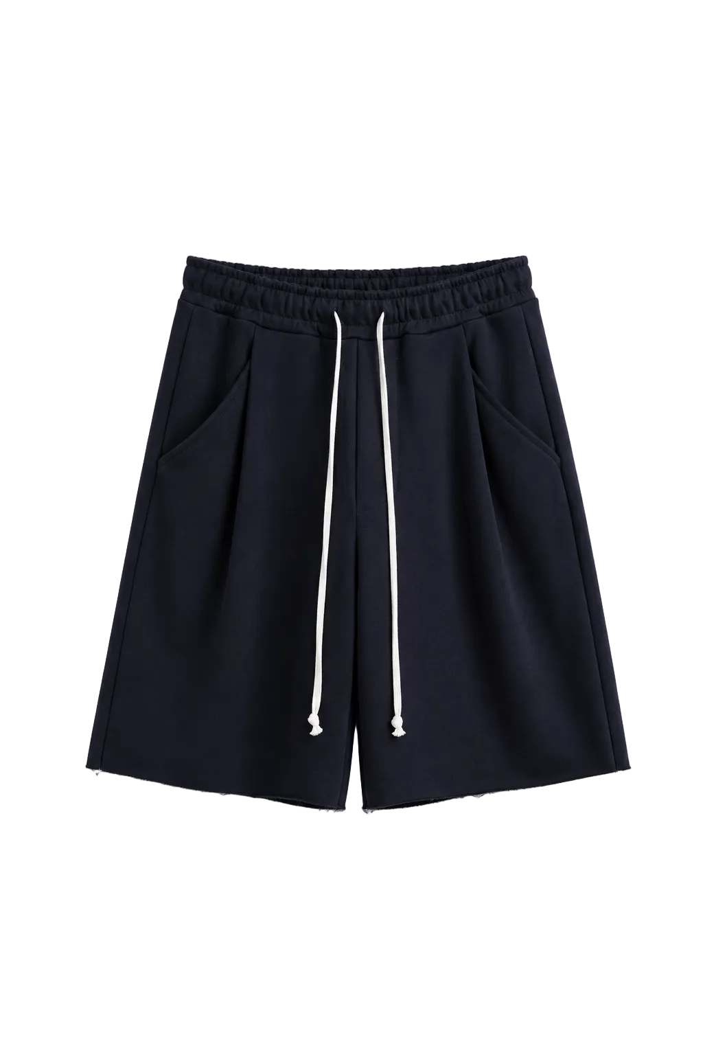 Pantaloni bleumarin oversized cu șnur lung în talie, având o cusătură decorativă frontală pe centrul piciorului, confecționați dintr-un amestec de bumbac și poliester.