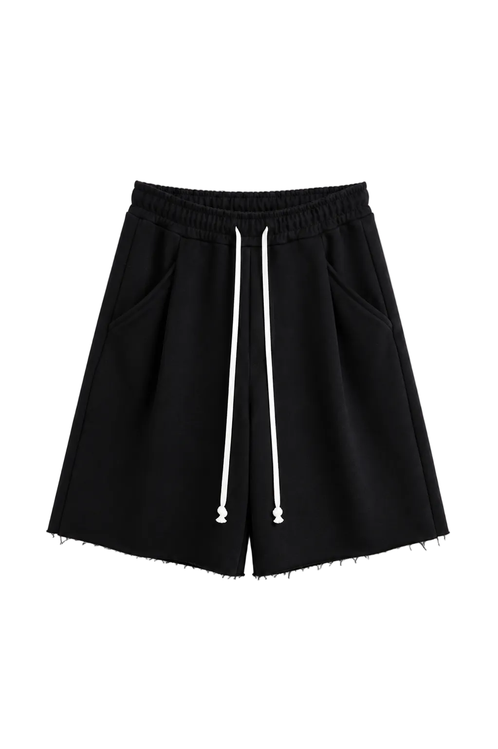 Pantaloni negri oversized cu șnur lung în talie, având o cusătură decorativă frontală pe centrul piciorului, confecționați dintr-un amestec de bumbac și poliester.