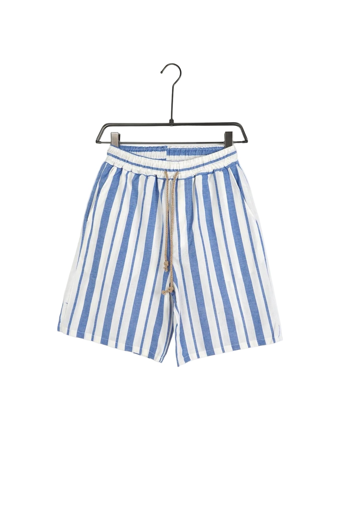 Pantaloni scurți bărbați albi cu dungi bleumarin, șiret maro contrastant și talie elastică, stil urban de vară