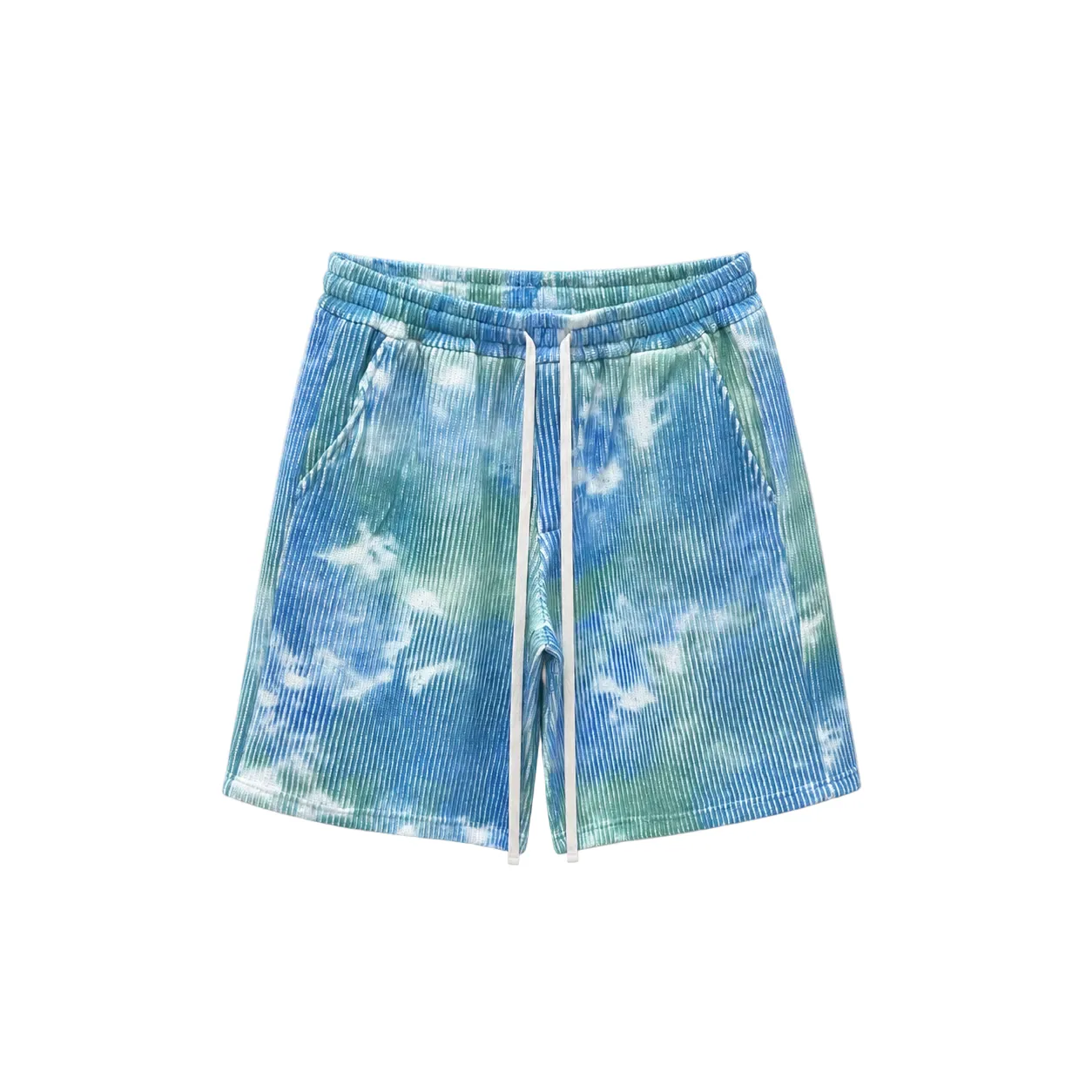 Pantaloni scurți albastru cu imprimeu tie dye, vedere frontală, realizați dintr-un amestec de bumbac și poliester pentru sezo
