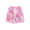 Pantaloni scurți roz cu imprimeu tie dye, vedere frontală, realizați dintr-un amestec de bumbac și poliester pentru sezonul c