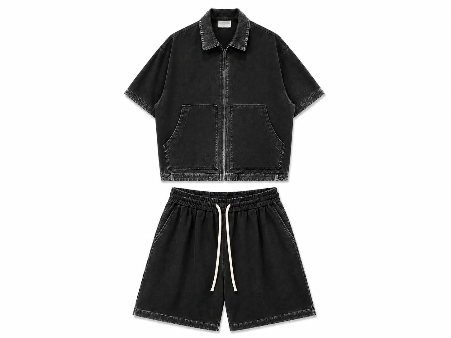 Set Bărbați Negru Prespălat cu Fermoar și Pantaloni Scurți – 100% Bumbac - produs fashion bărbați Atelier AXD