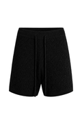 Pantaloni scurți negri tricotați prezentați pe umeraș, realizați din 100% bumbac, evidențiind designul cu șiret lung în talie