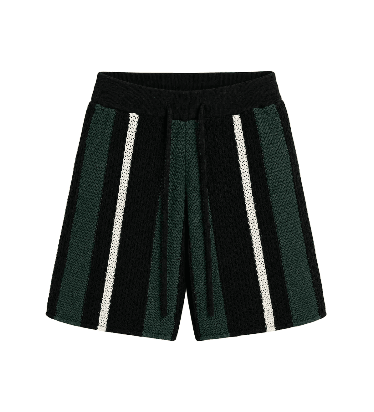 Pantaloni scurți tricotați prezentați pe umeraș, din 100% bumbac, cu dungi verticale în nuanțe de negru, verde și alb, eviden