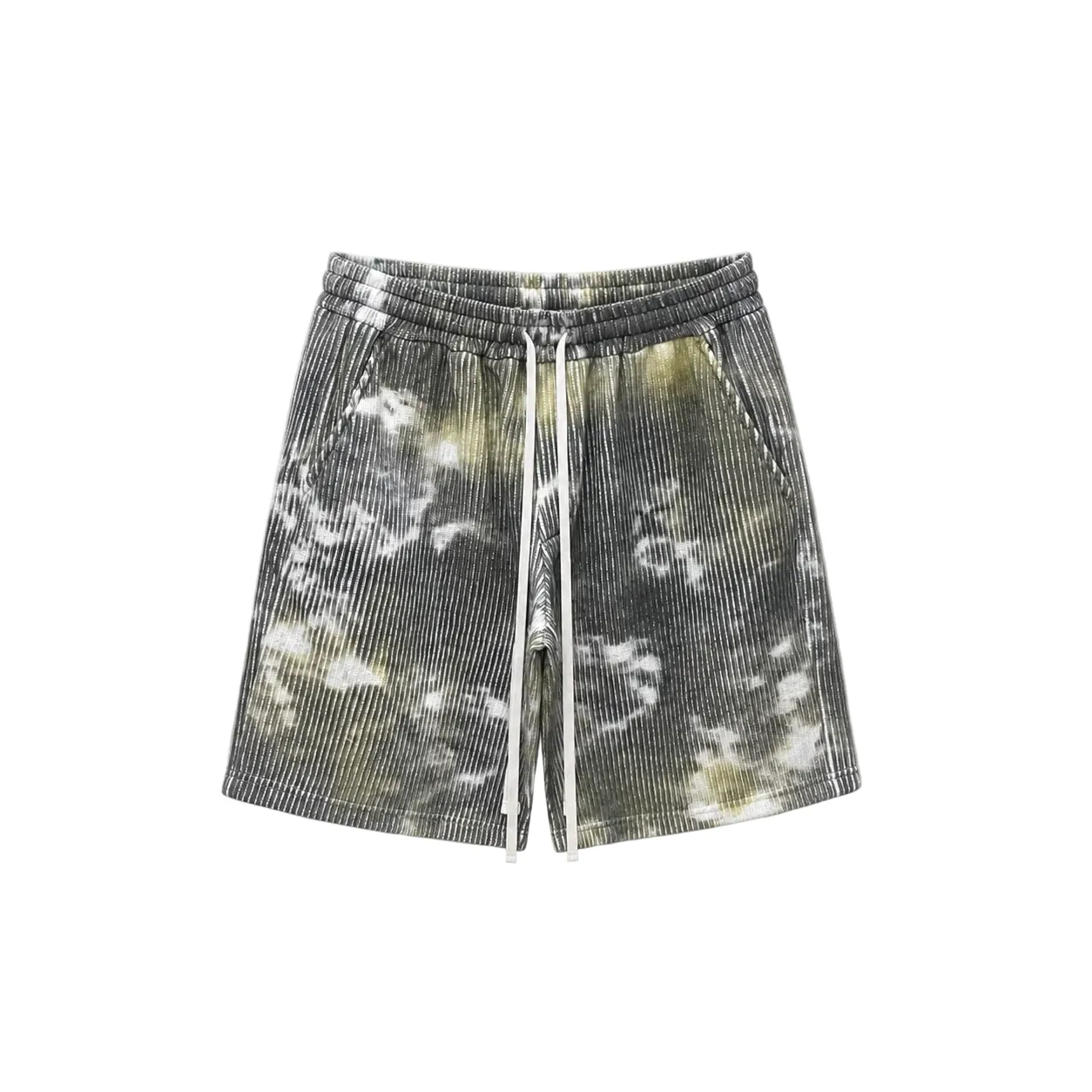 Pantaloni scurți gri cu imprimeu tie dye, vedere frontală, realizați dintr-un amestec de bumbac și poliester pentru sezonul c