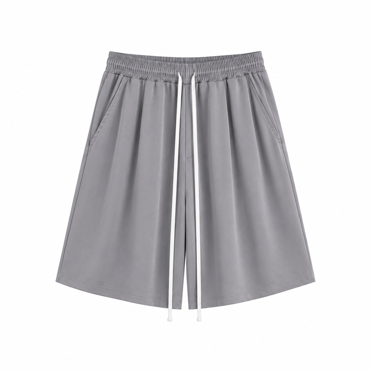 Pantaloni scurți gri închis subțiri de vară, cu șnur lung în talie, confecționați din material premium, vedere frontală.