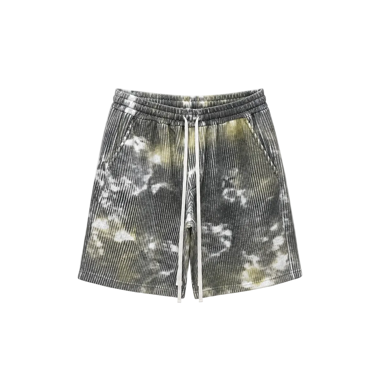 Pantaloni scurți gri cu imprimeu tie dye, vedere frontală, realizați dintr-un amestec de bumbac și poliester pentru sezonul cald.