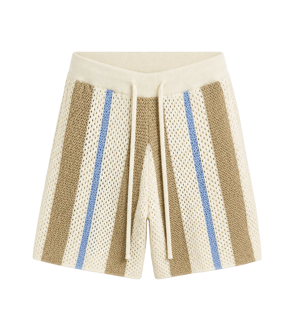 Pantaloni scurți tricotați cu model perforat prezentați pe umeraș, realizați din 100% bumbac crem cu dungi verticale bej și albastru deschis, prevăzuți cu șiret lung.