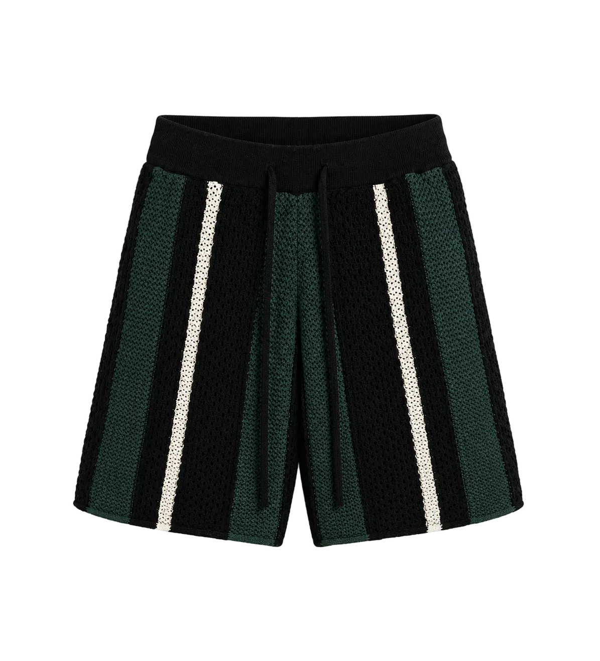 Pantaloni scurți tricotați prezentați pe umeraș, din 100% bumbac, cu dungi verticale în nuanțe de negru, verde și alb, evidențiind un șiret lung în talie.