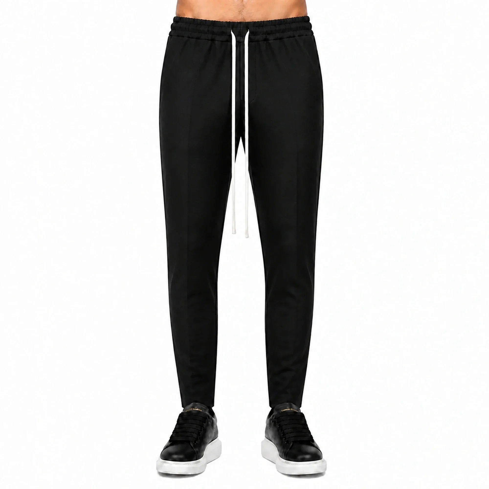 Pantaloni slim bărbați negri, purtați de model, vedere frontală