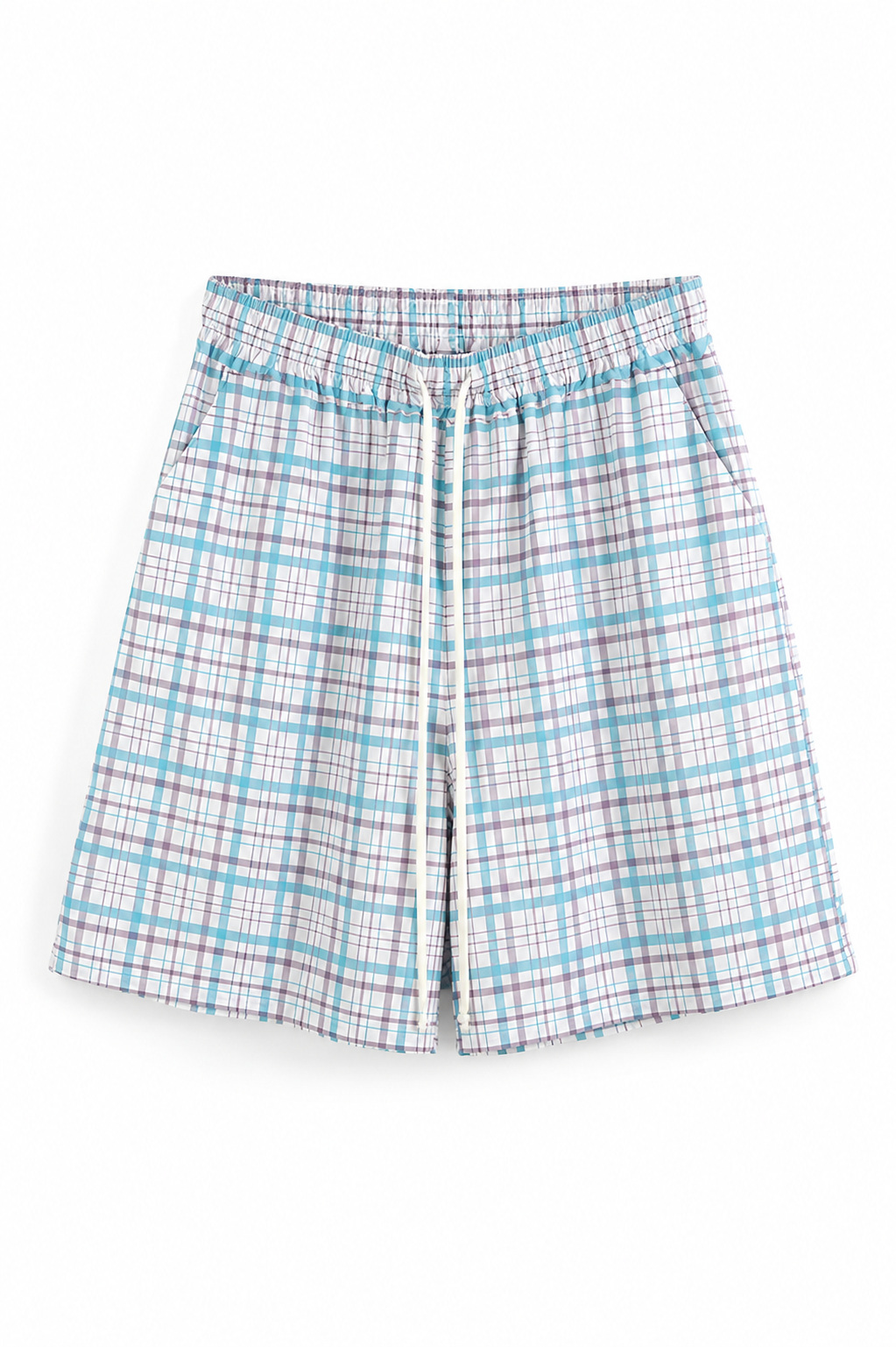 Pantaloni streetwear lejeri din 100% poliester, cu un imprimeu geometric dens format din pătrățele albastre și linii gri.