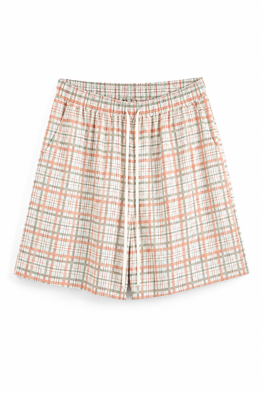 Pantaloni streetwear lejeri din 100% poliester, cu un imprimeu geometric dens format din pătrățele portocalii și linii verzi.