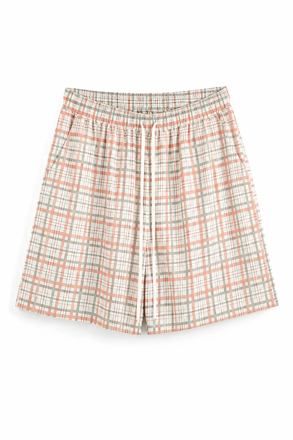Pantaloni streetwear lejeri din 100% poliester, cu un imprimeu geometric dens format din pătrățele portocalii și linii verzi.