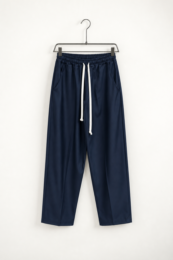 Pantaloni Wide Leg Bărbați Bleumarin cu Șnur Lung – fotografie produs pe umeraș