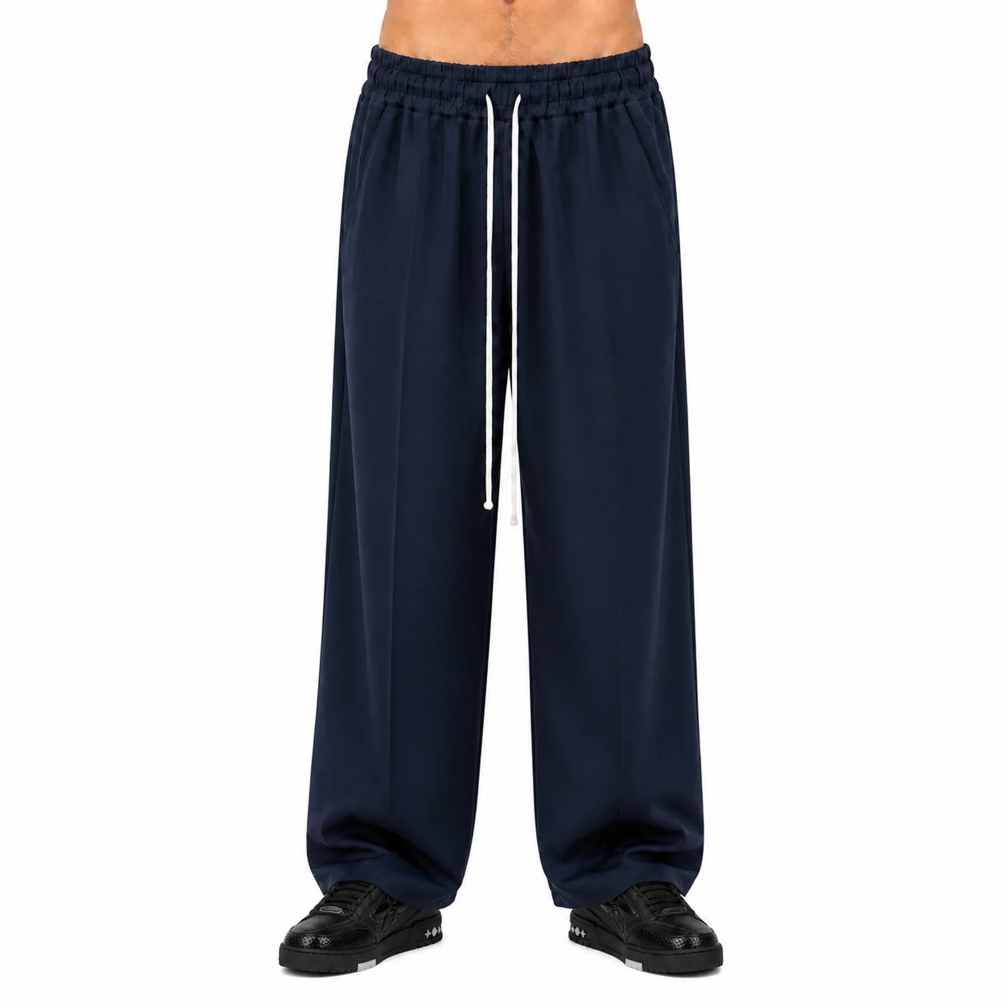 Pantaloni wide leg bărbați bleumarin, purtați de model, vedere frontală