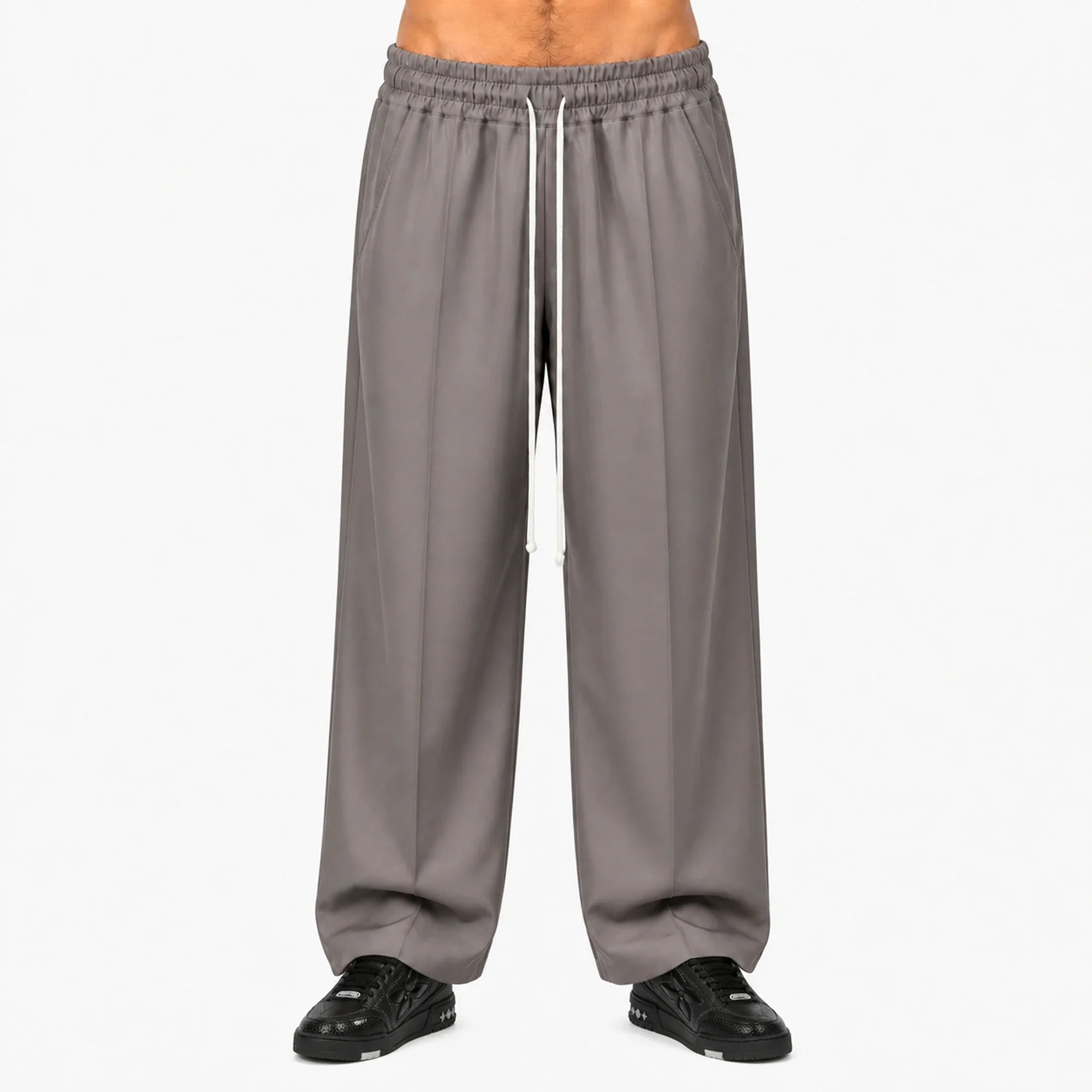 Pantaloni wide leg bărbați grej, purtați de model, vedere frontală