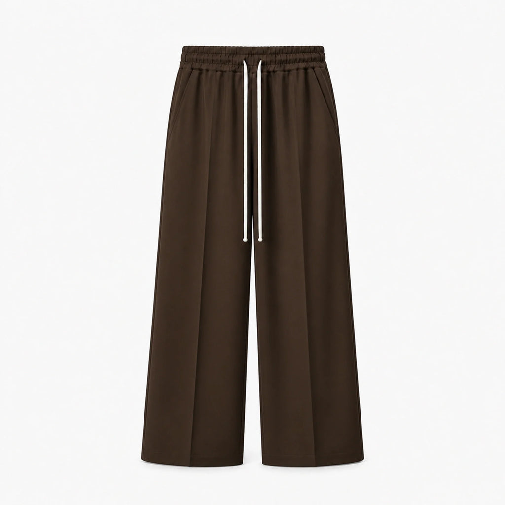 Pantaloni wide leg bărbați maro închis, ghost mannequin, vedere frontală