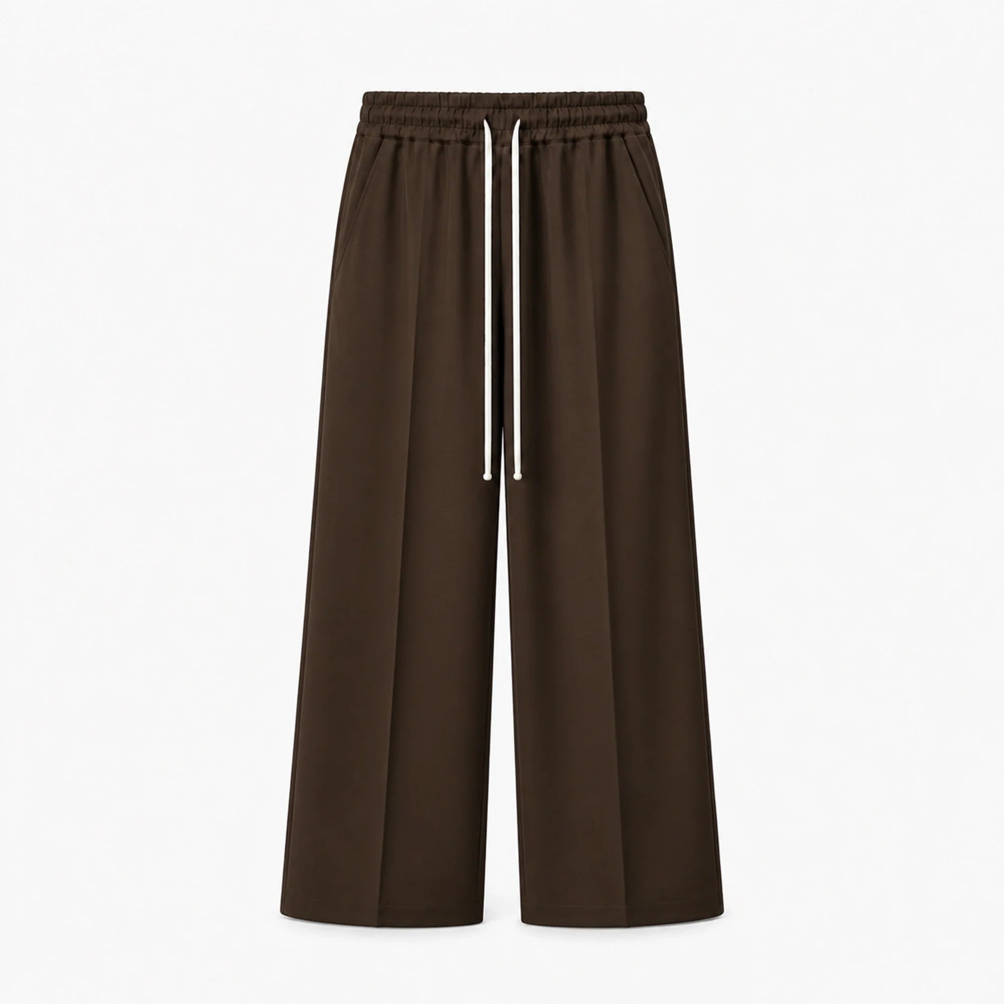 Pantaloni wide leg bărbați maro închis, ghost mannequin, vedere frontală
