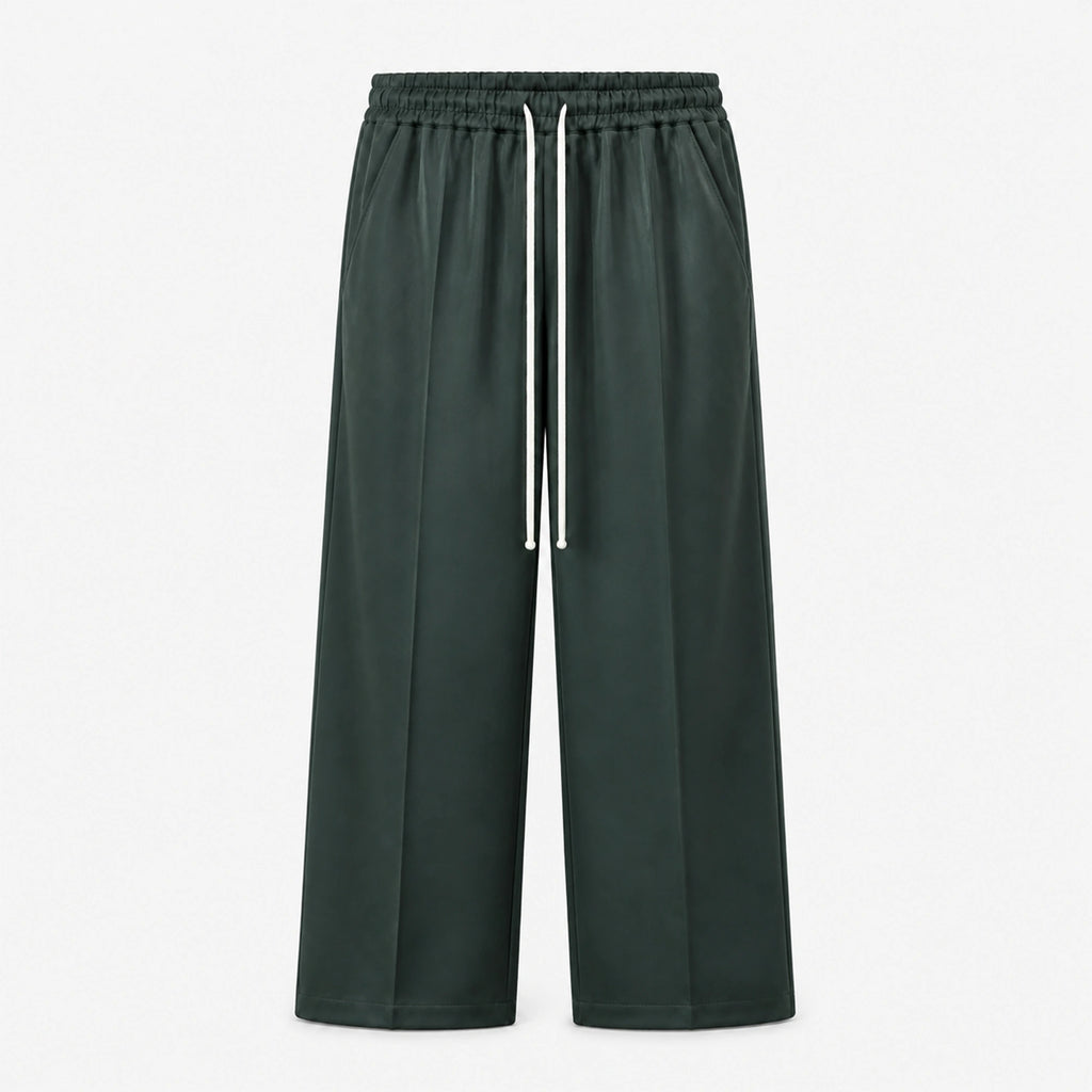 Pantaloni wide leg bărbați verde militar, ghost mannequin, vedere frontală