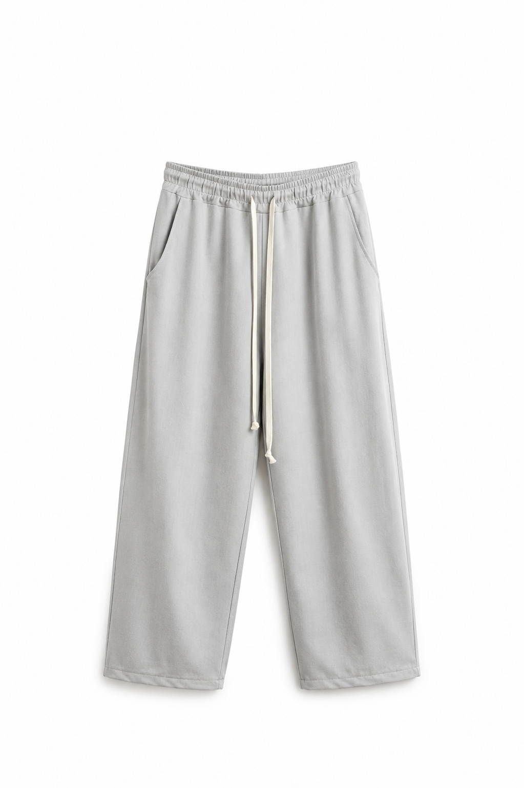Pantaloni wide leg gri oversized pentru bărbați cu șnur lung alb, fit larg streetwear premium, stil minimalist luxury