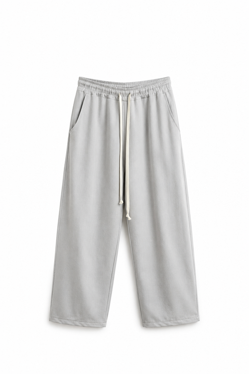 Pantaloni wide leg gri oversized pentru bărbați cu șnur lung alb, fit larg streetwear premium, stil minimalist luxury