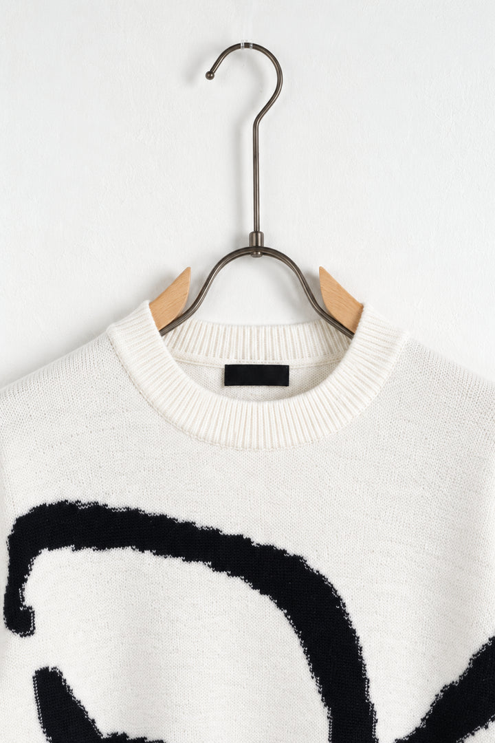 Pulover Bărbați Alb cu Model Abstract Negru, detaliu guler si tricot