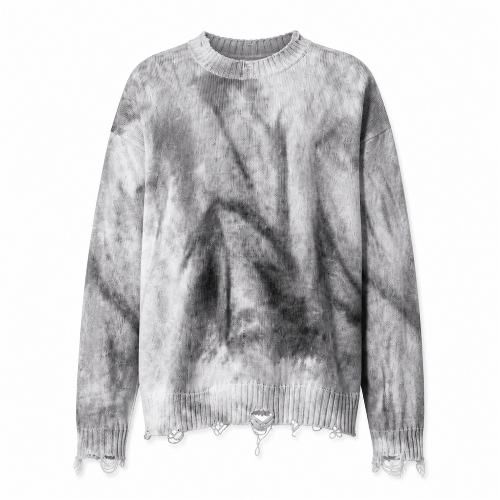 Pulover Bărbați Gri-Negru din Bumbac Distressed - vedere frontală ghost