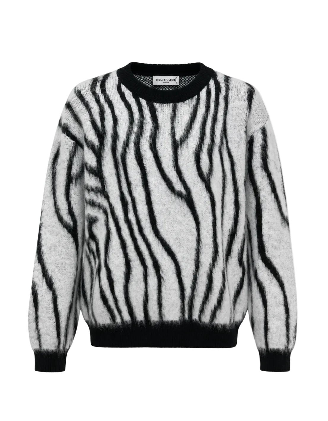 Pulover oversized cu imprimeu zebra alb-negru și textură premium pufoasă