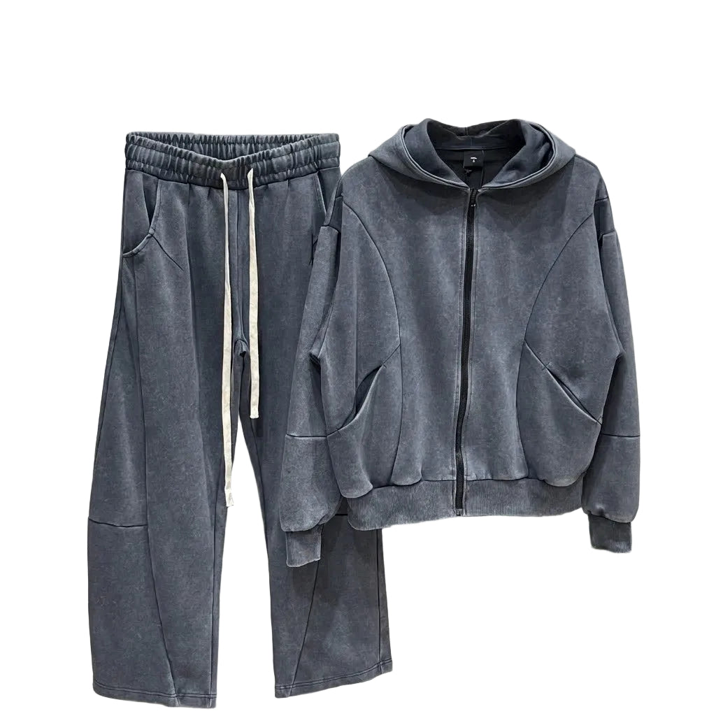 set barbati bumbac gri spalat hanorac cu fermoar si gluga si pantaloni largi cu siret lung