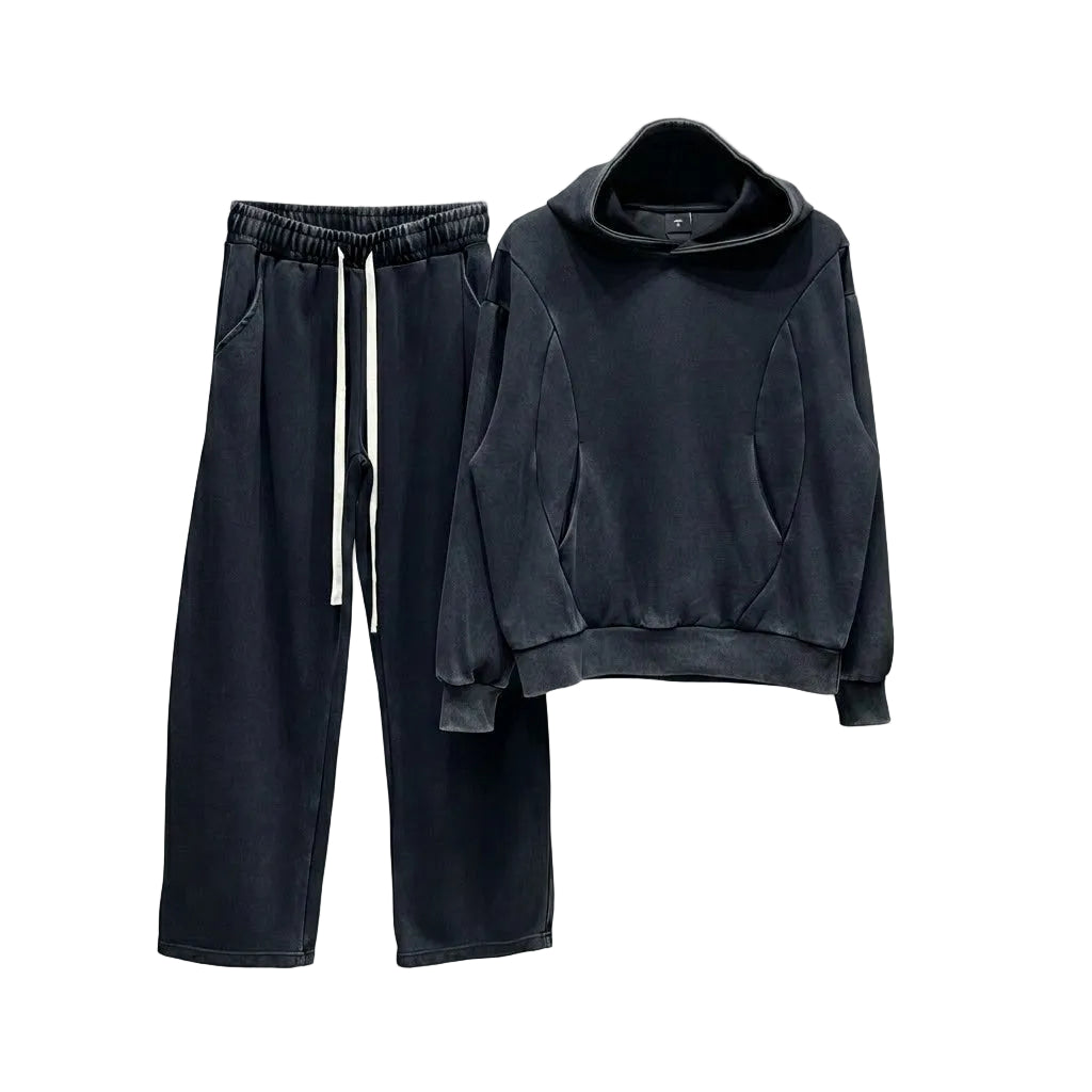 set barbati bumbac negru gri pantaloni largi si hanorac cu cusaturi