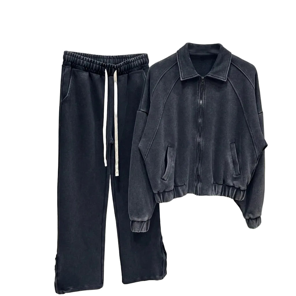 set barbati bumbac negru spalat bluza cu guler si fermoar si pantaloni cu siret lung