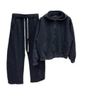 set barbati bumbac negru spalat hanorac cu fermoar si gluga si pantaloni largi cu siret lung