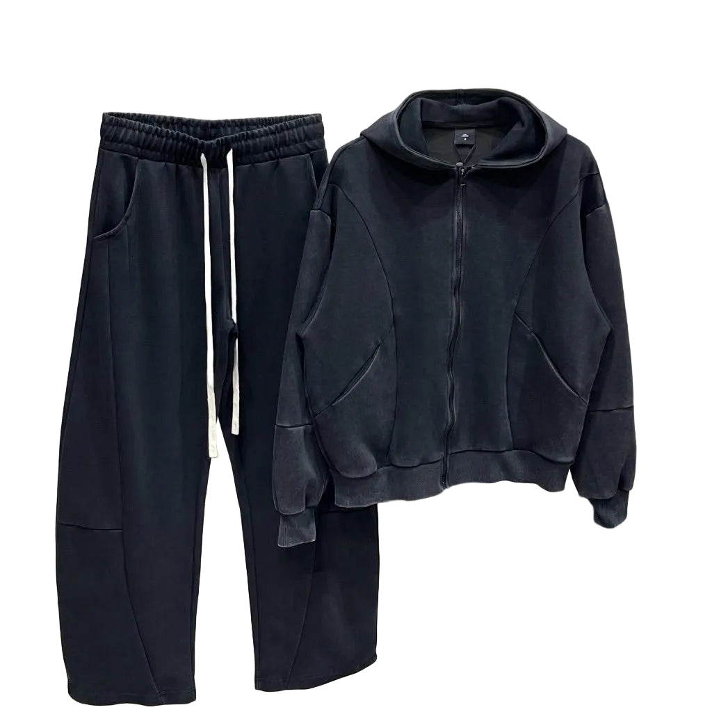 set barbati bumbac negru spalat hanorac cu fermoar si gluga si pantaloni largi cu siret lung