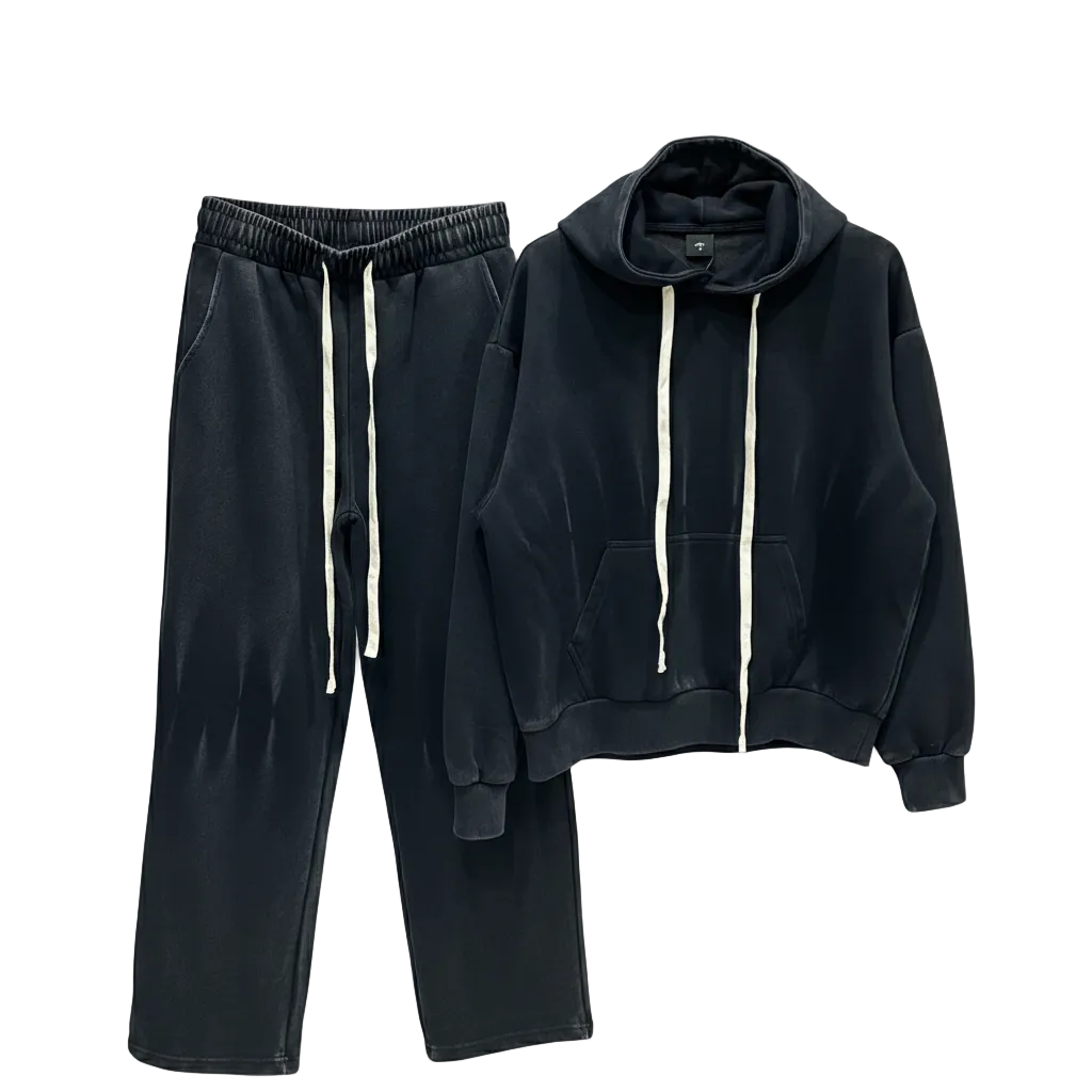 Set barbati bumbac negru spalat cu sireturi lungi la hanorac si pantaloni