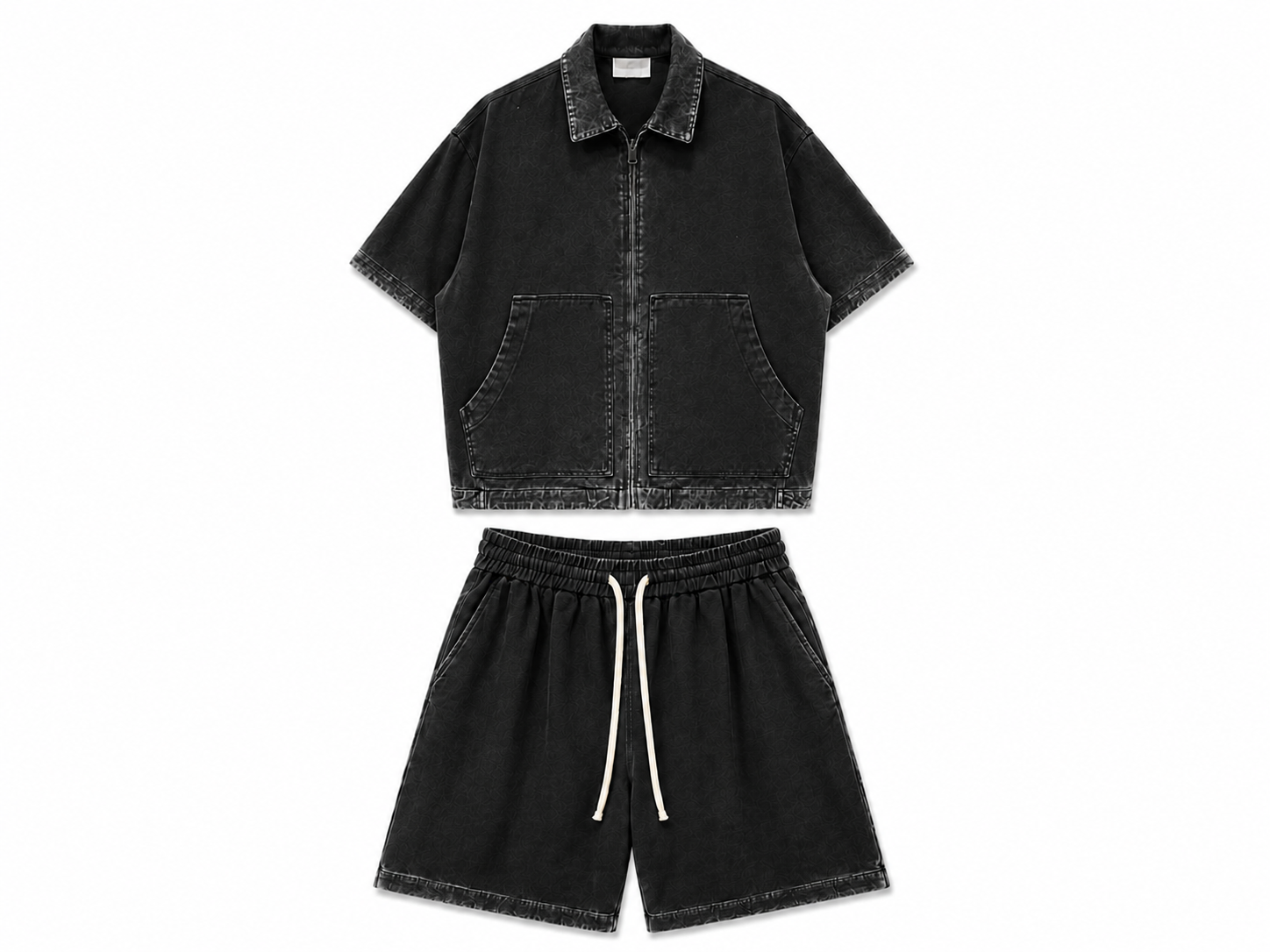 Set Bărbați Negru Prespălat cu Fermoar și Pantaloni Scurți – 100% Bumbac