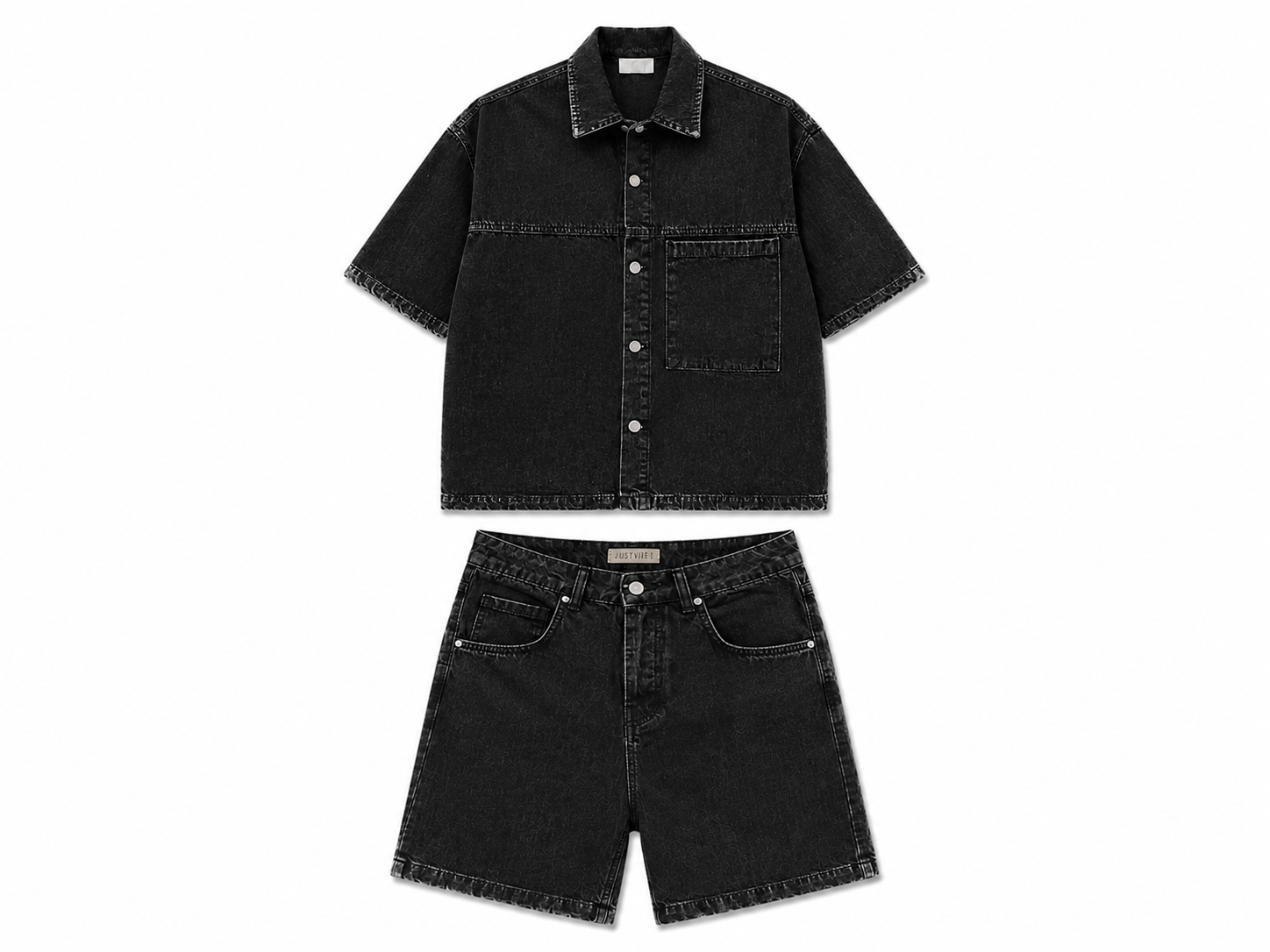 Set Denim Bărbați Negru (Cămașă și Pantaloni Scurți) – 100% Bumbac