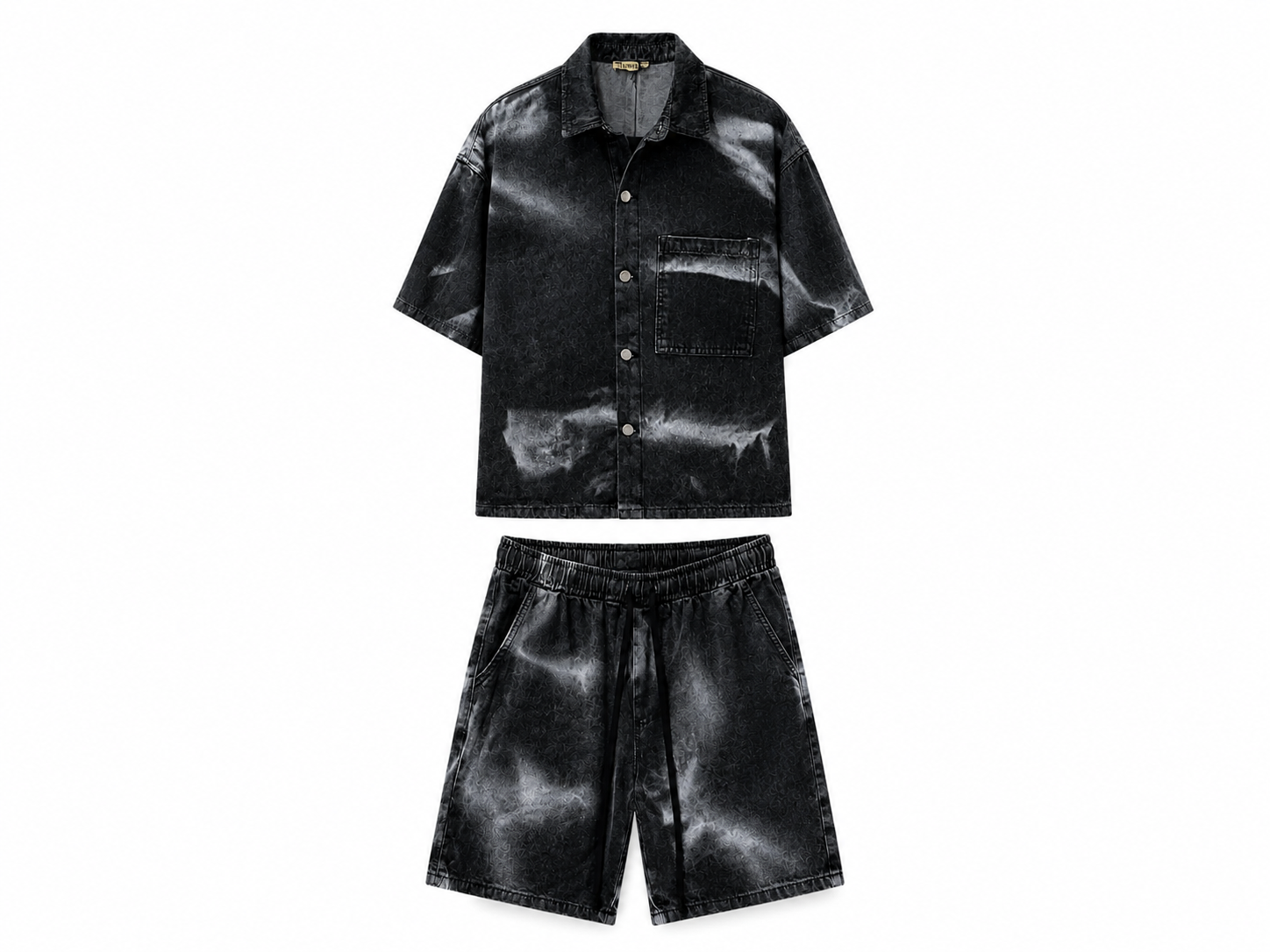 Set Denim Bărbați Negru cu Efect de Vopsea (Cămașă și Pantaloni Scurți) – Fit Normal, 100% Bumbac