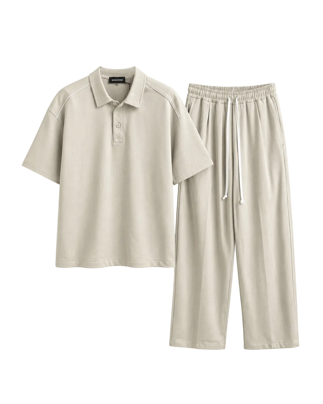 Set casual format din tricou polo și pantaloni în nuanța crem deschis, material fin și croială relaxată