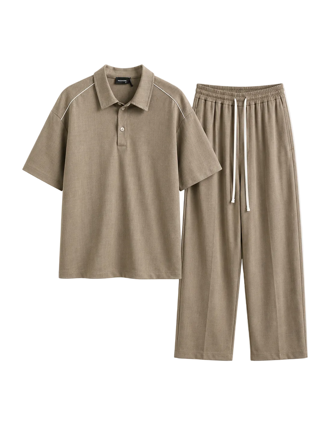 Set casual format din tricou polo și pantaloni maro deschis fango, material rezistent și design modern