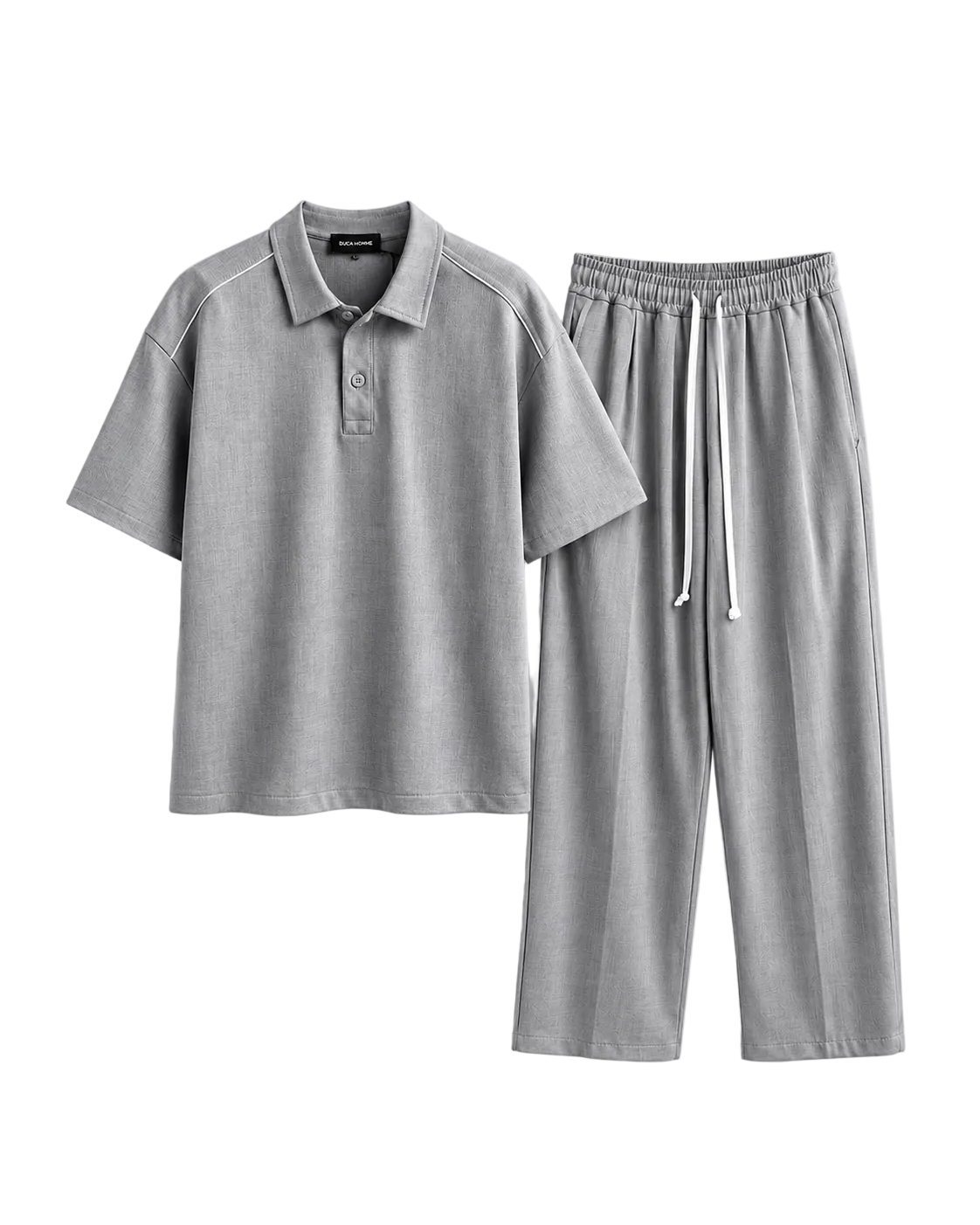 Set casual format din tricou polo și pantaloni gri închis, material texturat și design relaxat