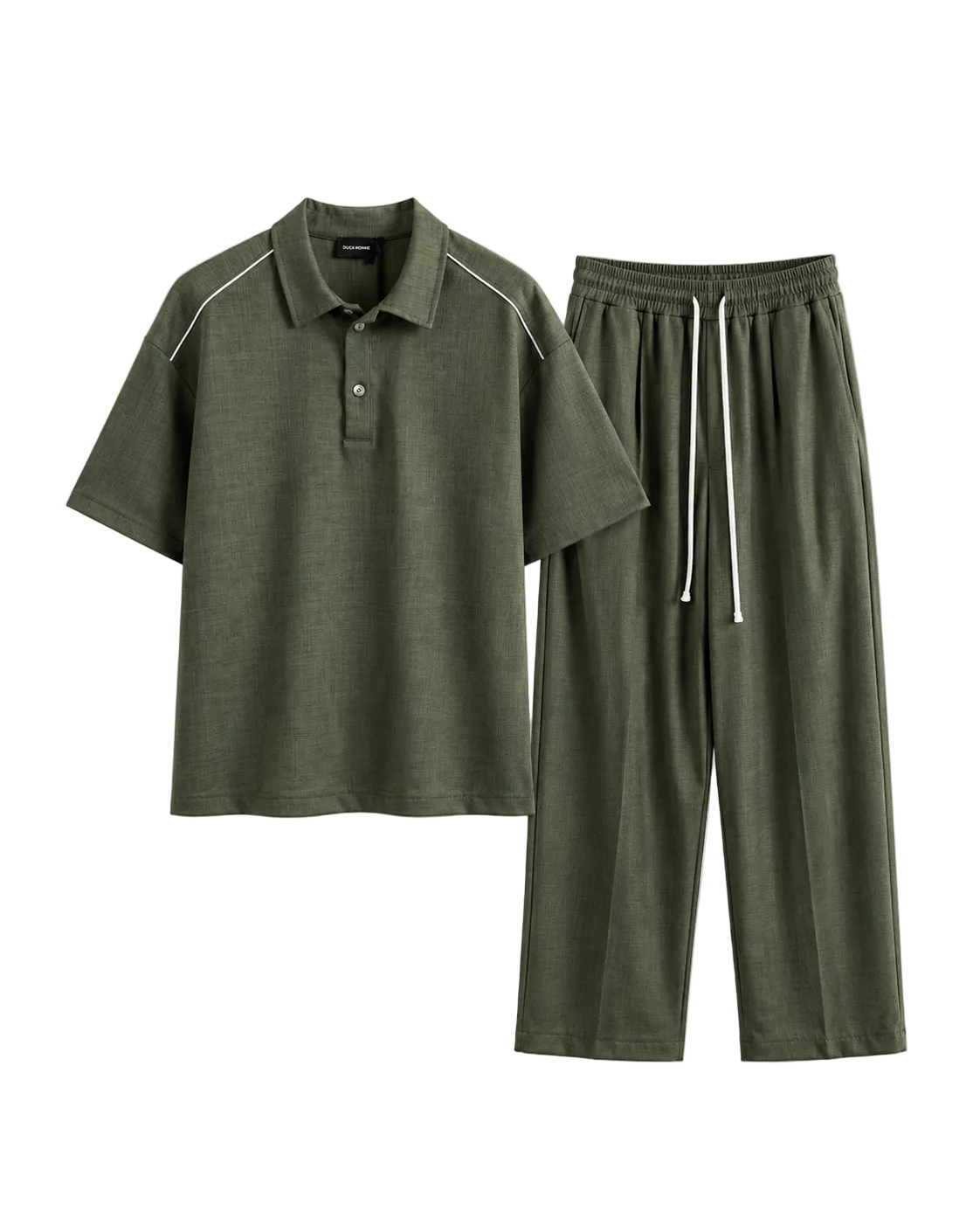 Set casual format din tricou polo și pantaloni verde închis, design coordonat și material rezistent