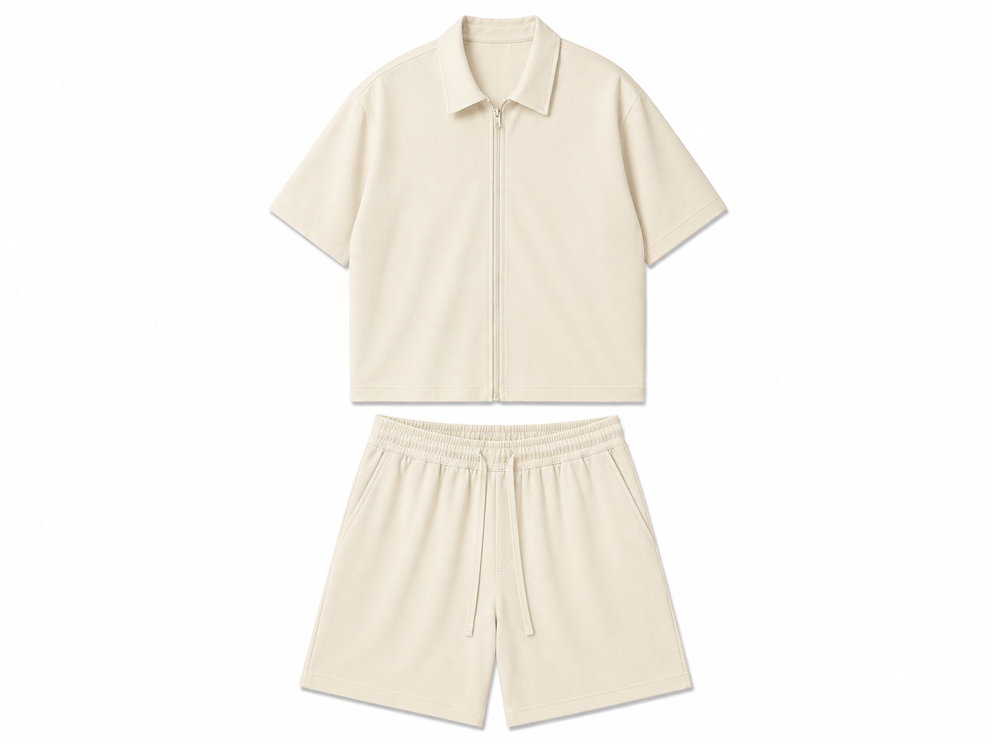 Set premium de vară pentru bărbați, nuanță crem elegantă, format din cămașă cu mânecă scurtă cu fermoar și pantaloni scurți cu șnur, material fin cu spandex.
